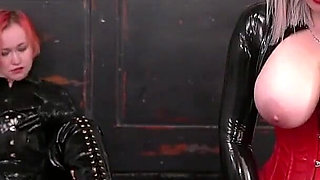 Hot Latex Rubber Couple, Lesbian Girls Have Sex Pleasure in Catsuits with Hitachi, Femdom