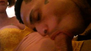 Shemale curvy blowjob and bareback creampie action