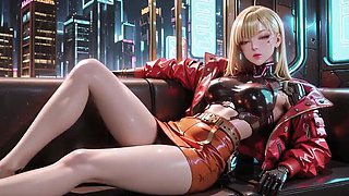Seductive Cyber Valkyrie Kneels In Black & Red - AI Anime Fingering Tease