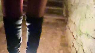 Outdoor Light Shows for the Slut in Thigh-high Boots Gagged with a Butt Plug
