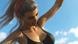 Steamy animated threesome adventure featuring Misskitty2k in a business suit and swimsuit