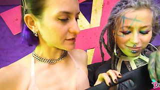 Dual spandex sluts stretch each other broad with steel dildo – a2p to gaping