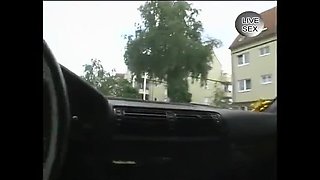 Cute blonde teen masturbating with fingers in car backseat