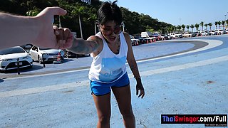 Skateboarding fail of big butt Thai MILF who fucks at home after
