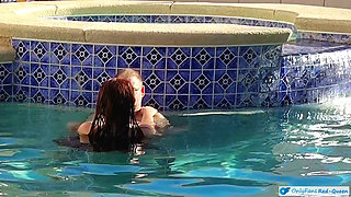 Hot Long Haired Ginger MILF Taking a Dip and Fucking in Outdoor Pool
