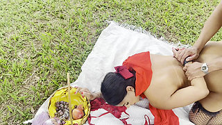 Little Red Riding Hood, the Naughty Girl, Meets a Horny Lumberjack and Shows off Her Pussy in the Middle of the Road.