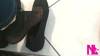 Dangling in Black Flats and Black Nylon Socks