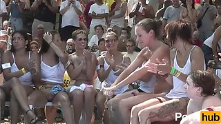 Real adventures sequence with big and small tits, mom dancing in a wet t-shirt at a nudist gathering