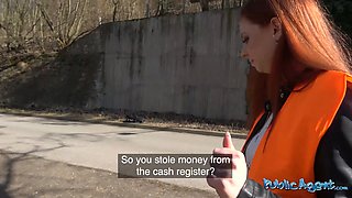 Naughty 18-year-old redhead sucks and fucks in public for cash