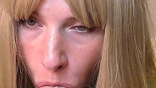 Blonde in Nylon Bodysuit Sucks Cock Beautifully and Swallows Cum