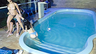 Caught in the Act! Two Brunettes Caught Masturbating in the Condo's Pool